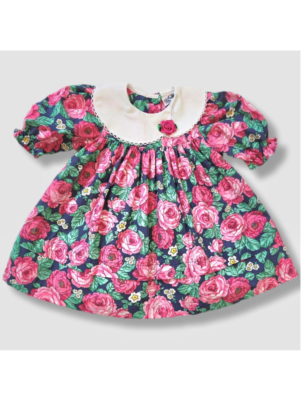 Vintage 80s Claire Bell Floral Dress, Pierrot Collar, Pink Navy | Size 12-18m